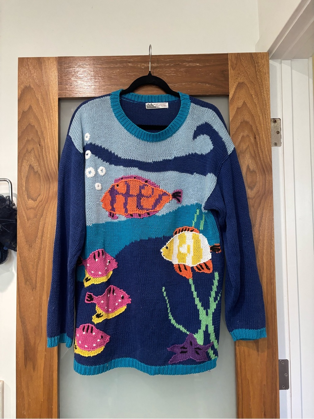 Vintage Blue Fish-Print Crewneck Sweater